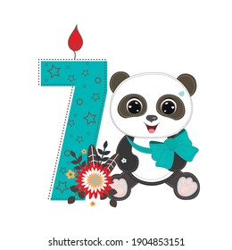 Number seven and a cute cartoon panda boy. Perfect for greeting cards, party invitations, posters, stickers, pin, scrapbooking, icons. Birthday concept