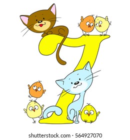 Number seven. Date for congratulations. Birds and animals figures. Cute kitten and chickens. Vector on white background. Cartoon doodle.