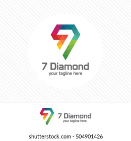 Number seven and diamond logo design vector with colorful triangle pixel.