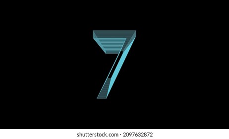 number  Seven, digital symbol,  Blue gradient Neon Light glowing in the dark. Vector digit 7 wireframe concept.