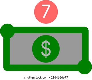 Nummer sieben und Dollar, Vektorgrafik auf weißem Hintergrund, 2D-Vektorgrafik