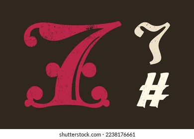 Number seven drop cap logo. Illuminated initial in old blackletter German style. All you need to precisely imitate medieval text. Decorative element for the beginning of a paragraph or section.