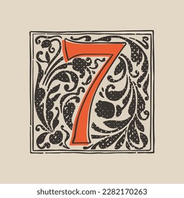 Logotipo de la tapa número siete gota en estilo de grabado medieval. Plaza de letra negra inicial. Emblema iluminado de la edad oscura con follaje y tulipanes exuberantes. Perfecto para la identidad vintage, gótica, embalaje de lujo.