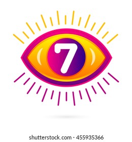 Number seven with eye icon on white. Vector eye care logo template.