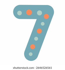 Number seven filled with cute polka dots in orange and blue shades. A fun, hand-drawn number ideal for children’s books, games, or classroom posters.