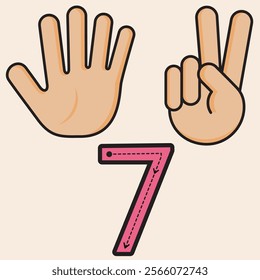 Number Seven. Finger counting designed to help PreK and Kindergarten students learn and practice numbers. Vector fully editable line art design