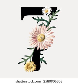 Number seven with floral design. Flowers and leaves entwine the number seven. Artistic floral number seven illustration with daisies and greenery. Vintage floral font vector.