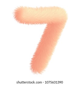 Number seven in fur childish style. Colorful cartoon fluffy gentle digit 7. Feathery fun pink digit. Vector isolated illustration