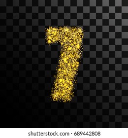 Number seven of gold glitters and shine. Vector illustration on a transparent dark background.