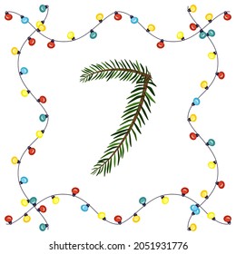 Número siete de ramas verdes de árboles de Navidad. Fuente festiva y marco de garland, símbolo de feliz Año Nuevo y Navidad, personaje para decoración de fechas