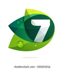 Number seven with green leaves and dew drops. Vector design template elements for your application or corporate identity.