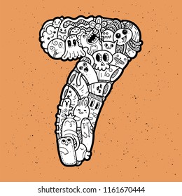 Number Seven. Hand drawn doodled kids numbers. Cute monstred numbers, math symbols. Vector illustration for web, design, decoration, education, prints, cards, design. Cartoon on a grunge background
