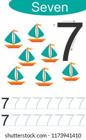 Number seven, handwriting tracing practice sheet, writing training for children, kids preschool activity, educational game, printable worksheet, learning to count, vector Illustration