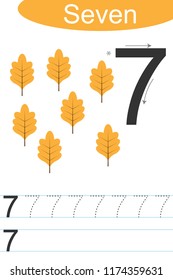 Number seven, handwriting tracing practice sheet, writing training for children, kids preschool activity, educational game, printable worksheet, learning to count, vector Illustration