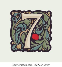 Number seven illuminated initial with curve leaf ornament and tulips. Medieval dim colored fancy drop cap logo. Gothic heraldry blackletter dark-age emblem. Perfect for luxury calligraphy with pattern