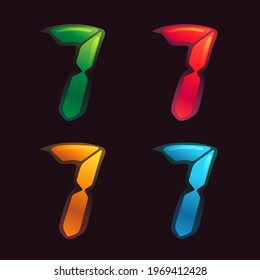 Number seven logo in alarm clock style. Digital font in four color schemes for futuristic company identity, nightlife magazine, expressive posters.