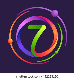 Number seven logo with atoms orbits. Bright color vector design for your science, biology, physics, chemistry company. 