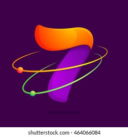 Number seven logo with atoms orbits. Vector design for banner, presentation, web page, card, labels or posters.
