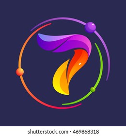 Number seven logo with atoms orbits. Bright color vector design for your science, biology, physics, chemistry company. 