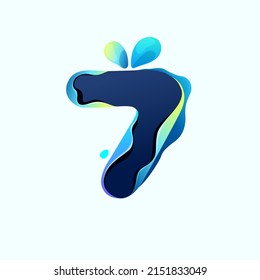 Number seven logo with blue dew drops in hologram glitch style. Environment friendly icon with color shift and illusion effect. Vector idea for waste recycling identity or organic merchandise.