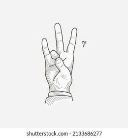 Number Seven Logo In A Deaf-mute Hand Gesture Alphabet. Hand-drawn Engraving Style Vector American Sign Language Illustration.