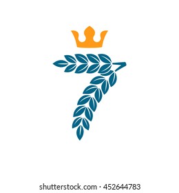 Number seven logo formed by laurel wreath with crown. Vector design for banner, presentation, web page, card, labels or posters.