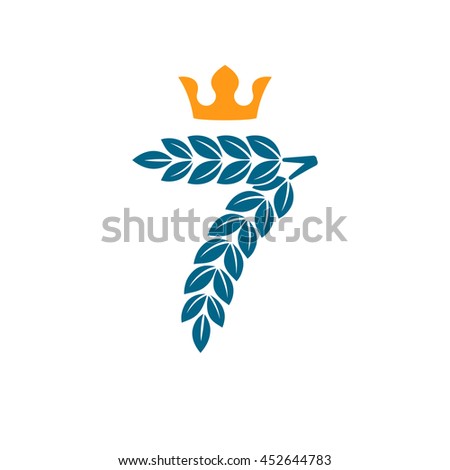 Number seven logo formed by laurel wreath with crown. Vector design for banner, presentation, web page, card, labels or posters.