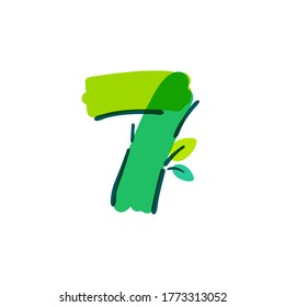Logotipo número siete con hoja verde manuscrita con una pluma de punta de fieltro. El tipo de letra del marcador vectorial negrita se puede usar para etiquetas de la naturaleza, titulares de verano, afiches bio, tarjetas de ecología, etc.