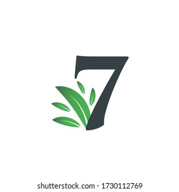 Number Seven logo with green leaves. Natural number 7 logo with green leaf.