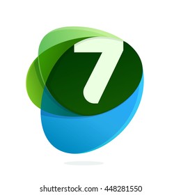 Number seven logo in green leaves and blue drops. Colorful vector design for banner, presentation, web page, app icon, card, labels or posters.