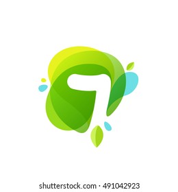 Number seven logo at green watercolor splash background. 7 icon. Vector elements for posters, t-shirts, ecology presentation or card.