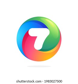 Number seven logo inside swirling loop circle. Negative space style icon. Colorful gradient emblem for your social network app, fun avatar or loading screen.