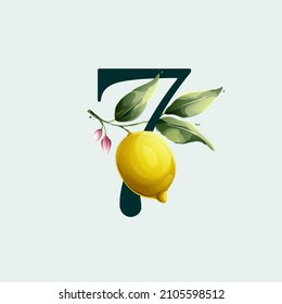Number seven logo with lemons in vector watercolor style. Illustration of green leaves, flowers, buds, and branches. Citrus fruit slices and splashing juice arrangements.