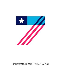Number seven logo made of American Stars and Stripes flag. Vector font for US history and 4th of July celebration in flat style. Perfect for Independence Day cards, invitations, banners.