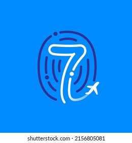 Number seven logo made of fingerprint with plane and airplane trail. Blue and white line icon. Vector typeface for travel labels, tourism headlines, journey posters, aviation cards etc.