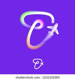 Number seven logo made of one gradient line with plane icon and rainbow shine. Overlapping multicolor emblem. Ideal for colorful travel app, delivery design, aviation advertising, flight identity.
