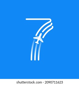 Number seven logo is made of three parallel lines with a plane icon. Vector emblem for a travel app, jet company identity, and shipping advertising.