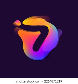 Number seven logo in multicolor gradient blot. Negative space splash icon. Motion style rainbow glossy emblem. Perfect for cute app, modern nightlife design, vibrant advertising.