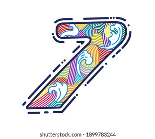 Number seven logo party, anniversary, neon line or fingerprint. Vector design for banner, presentation, web page, card, labels or posters