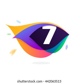 Number seven logo in peacock feather icon. Colorful vector design for banner, presentation, web page, app icon, card, labels or posters.