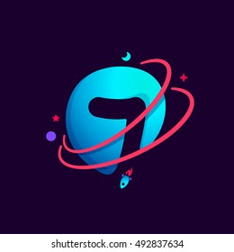 Number seven logo with planet, rocket and orbits lines. 7 icon. Bright vector design for science, biology, physics, chemistry company.