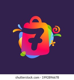 Number seven logo with shopping bag and Sale icons. Vector template perfect to use in your special offer label, one day deal banner, final discount identity.