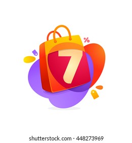 Number seven logo in shopping bag icon and Sale tag. Colorful vector design for banner, presentation, web page, app icon, card, labels or posters.