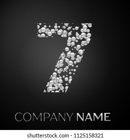 Number Seven logo silver dots. Alphabet logotype with abstract silver bubbles shape on black background. Vector template for your design