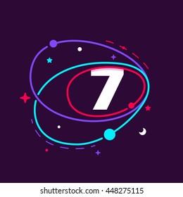 Number seven logo in space orbits, stars and planets. Colorful vector design for banner, presentation, web page, app icon, card, labels or posters.