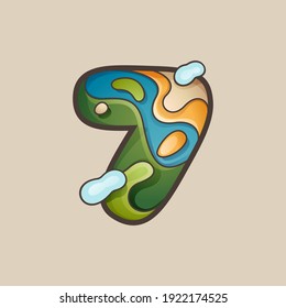 Number seven logo with topographic map line pattern. Outdoor adventure emblem with mountain, ocean, hills, forest, desert, and clouds.