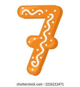 Number seven made from glazed gingerbread. Festive font, symbol of Happy New Year and Christmas, sign and numeral of different shapes. Vector flat illustration