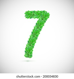Number seven, made up of green leaves, vector illustration
