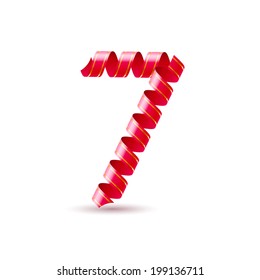 Number seven made of red curled shiny ribbon