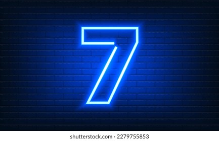 Number Seven neon sign on brick wall background. Vintage blue electric signboard with bright neon light inscription. Seventh, Number 7 template icon,neon banner,nightly advertising.Vector illustration